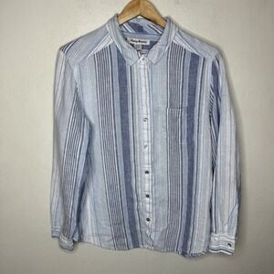 Tommy Bahama Blue White Stripe Linen Long Sleeve Button Up Shirt Women's Medium